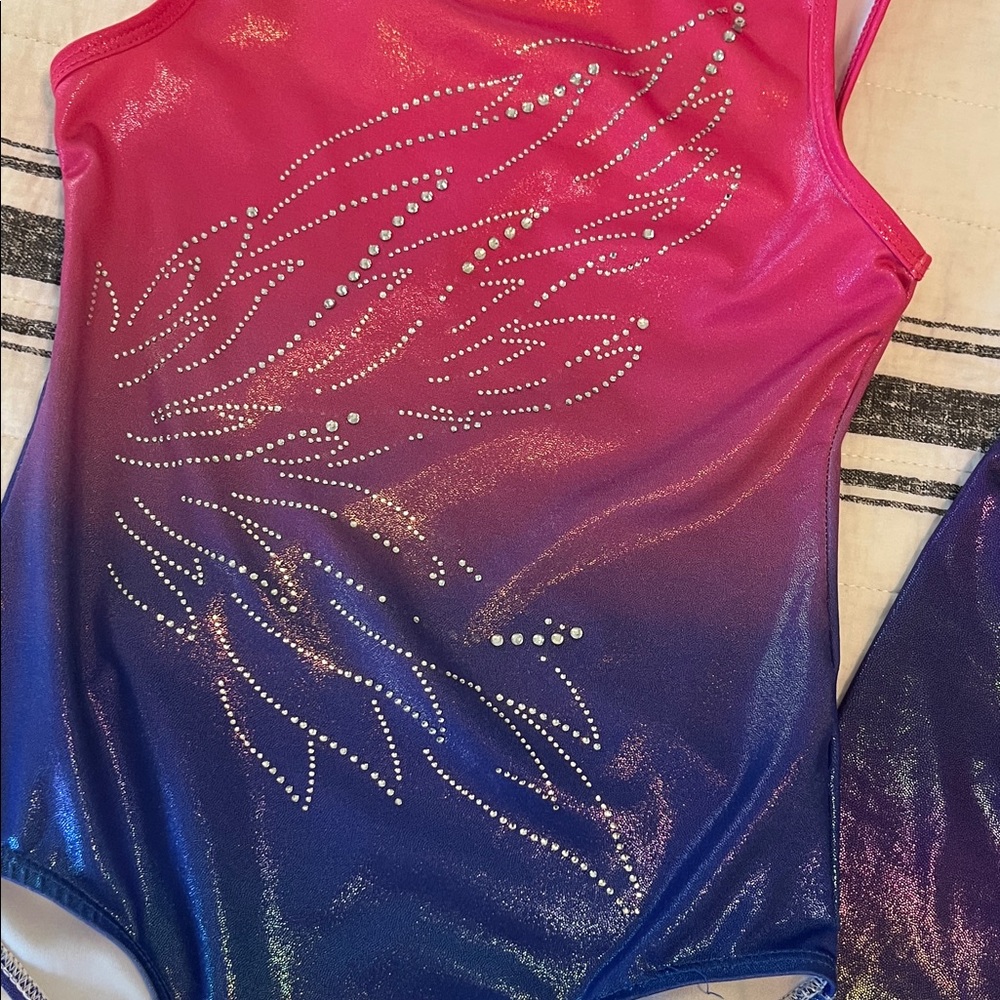 Pink and Blue Gymnastics Leotard and Shorts Set - Picture 3 of 4